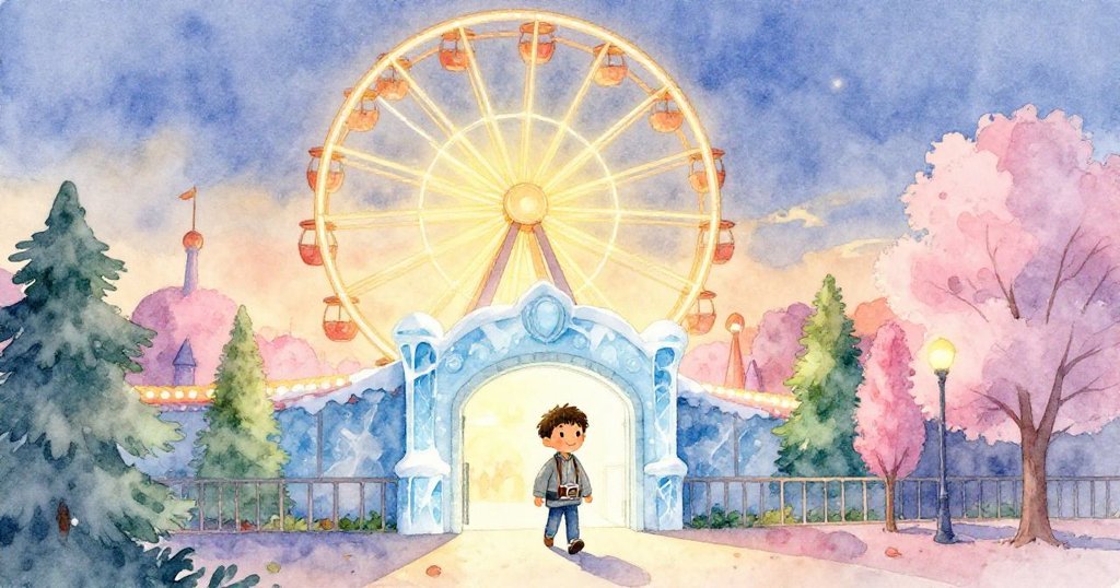 萊昂內爾在黃昏時分走進遊樂園，摩天輪散發琥珀光芒，場景寬廣充滿期待與溫暖。
