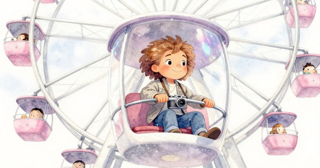 從低角度看見萊昂內爾在摩天輪車廂內操作相機，霓虹燈光映照，表情堅定充滿期待。