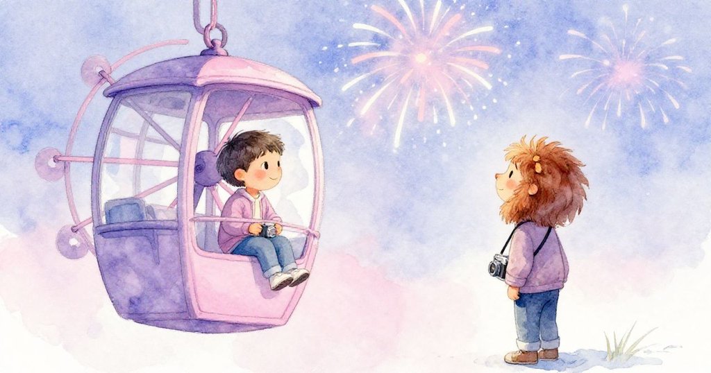 摩天輪突然停住，萊昂內爾在車廂中凝視突然炸開的煙火，場景夢幻且充滿回憶。