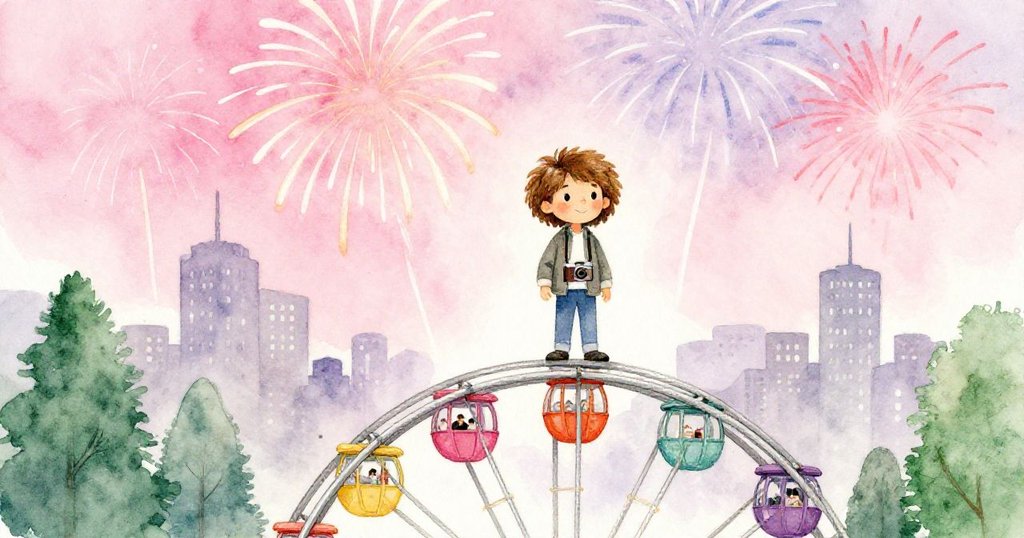 萊昂內爾在摩天輪頂端捕捉煙火與城市燈光，臉上充滿驚奇與發現，場面壯觀動人。