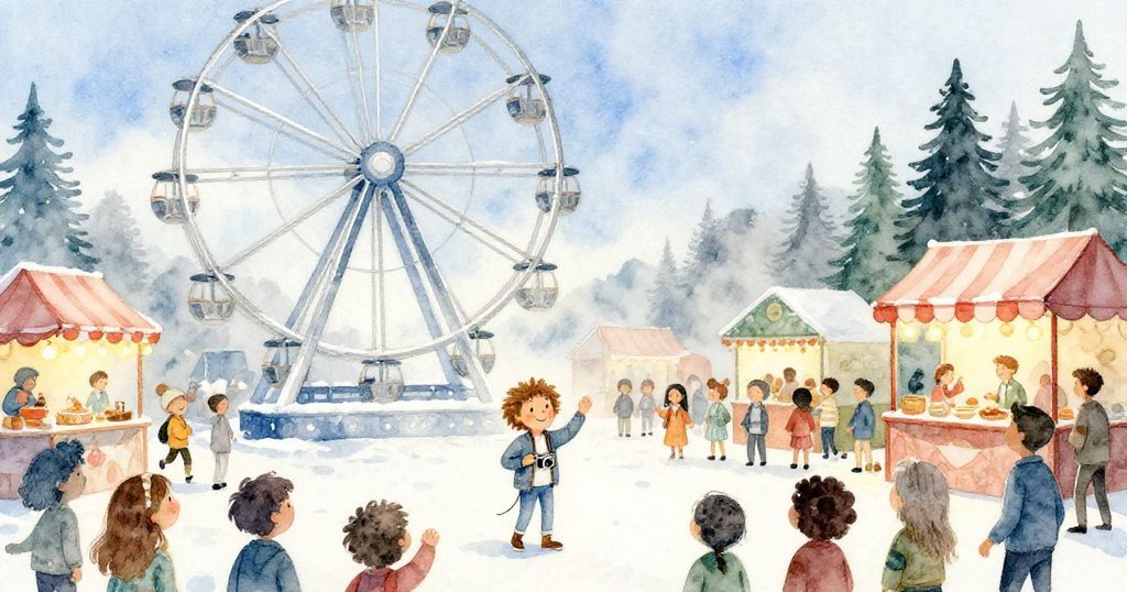 萊昂內爾從摩天輪踏下與人群重逢，平台上燈光亮起與煙火倒映，氣氛溫馨歡樂，充滿節慶感。