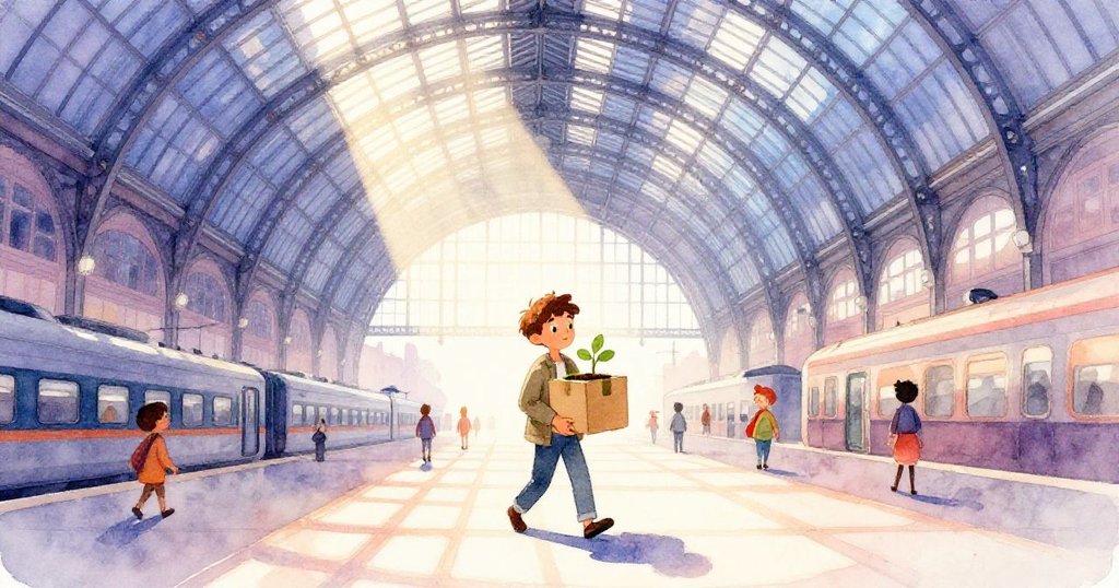 在早晨的車站大廳，Miles手持紙箱走入，陽光灑落，玻璃拱門閃爍，他滿懷期待踏出新旅程。