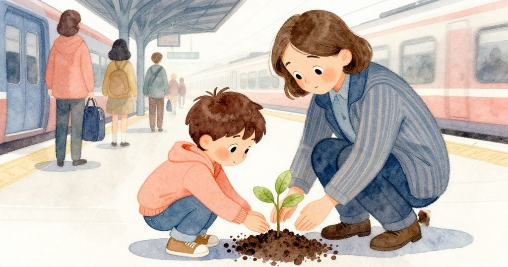 Miles與穿條紋外套的通勤人員肩後對望，兩人蹲下扶持小樹苗，默契合作讓人倍感溫暖。