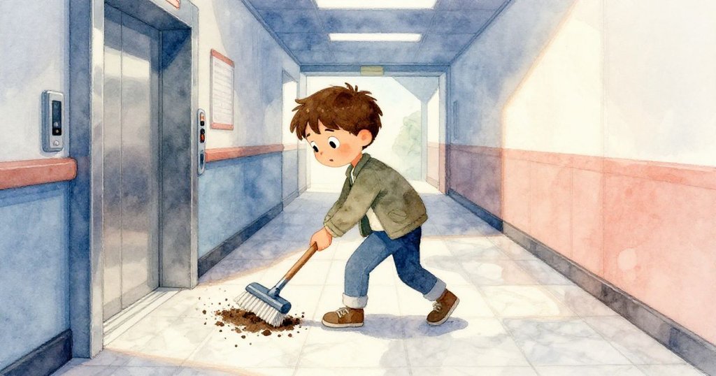 在狹窄的電梯走廊中，Miles忙著清理灑落在大理石上的泥土，背景人群匆匆，光影交錯，情緒專注。