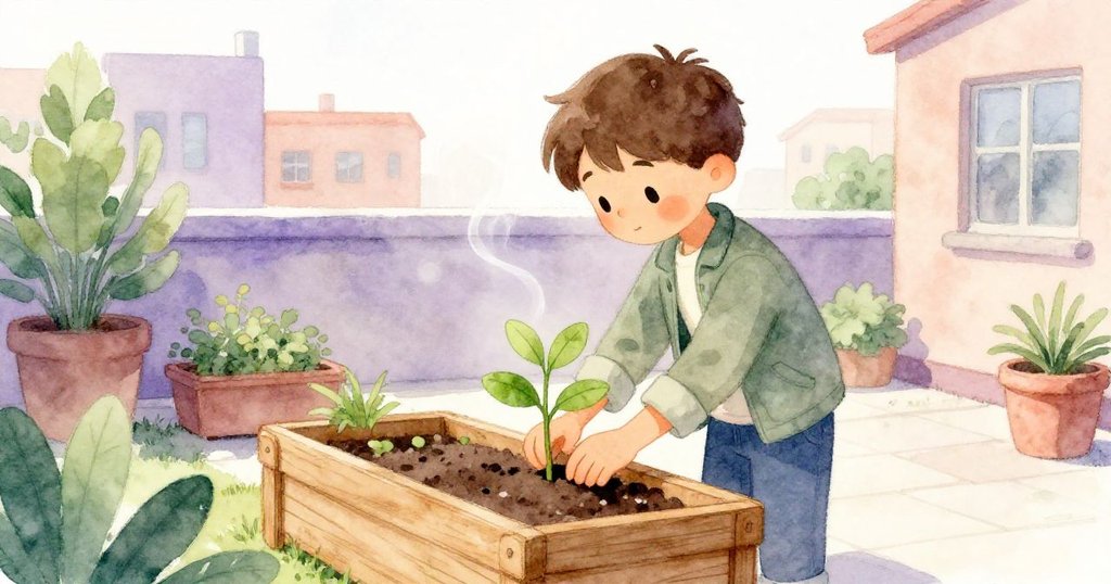 在屋頂花園中，Miles輕柔地將小樹苗放入木搖籃，背景綠植輕風拂面，臉上露出寧靜滿足的微笑，結局溫馨。