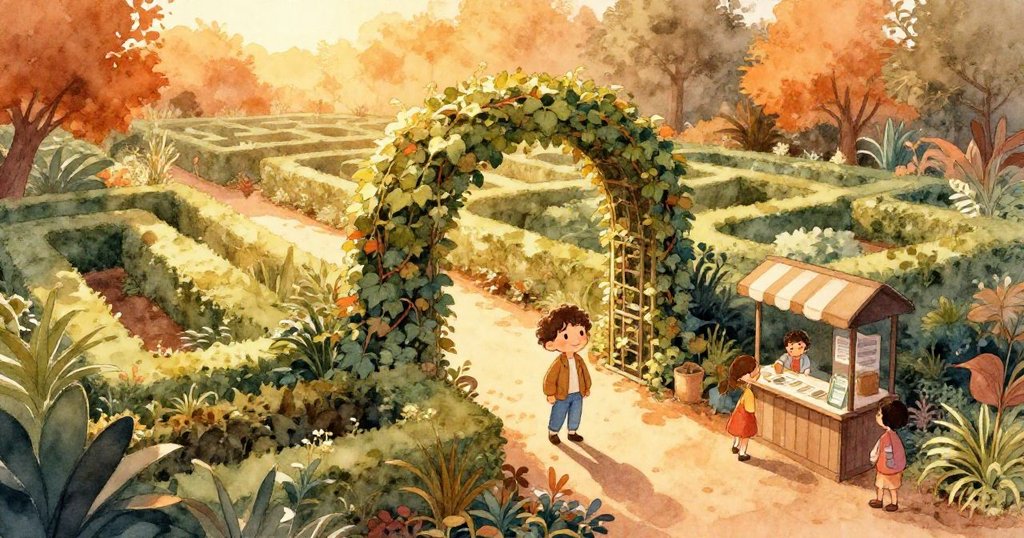 在晨霧中，Felix跨入綠色迷宮入口，藤蔓拱門下傳來孩子嬉戲聲，充滿探險與期待的溫暖場景。