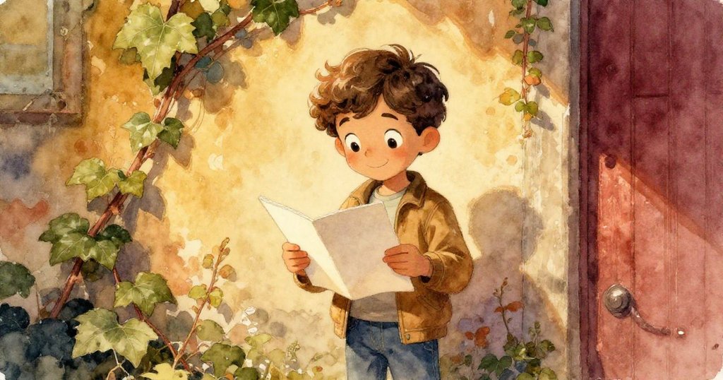 Felix專注地翻閱筆記本，手指輕觸略顯斑駁的噴泉草圖，古老與自然交織中洋溢著探索歷史的感動。