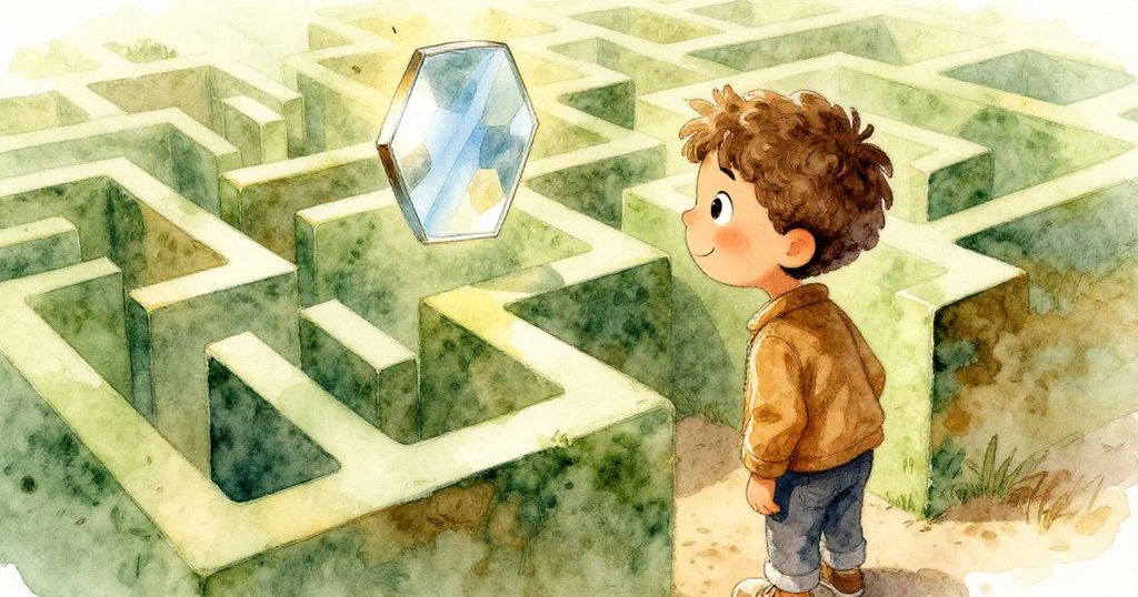 Felix驚喜地發現一塊反射出藍天的鏡片，他微微傾身伸手拾起，充滿好奇與夢幻感的探險時刻。