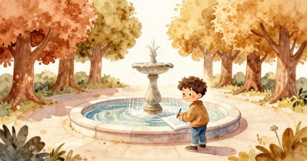 Felix在高台上完成噴泉草圖，臉上滿是滿足與喜悅，庭園環繞著年輕與古老樹木展現寧靜終章。