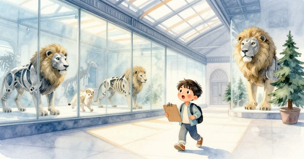 米洛步入博物館，早晨光線灑下，機械獅子靜靜巡邏，他手持素描本，臉上洋溢著期待的表情。