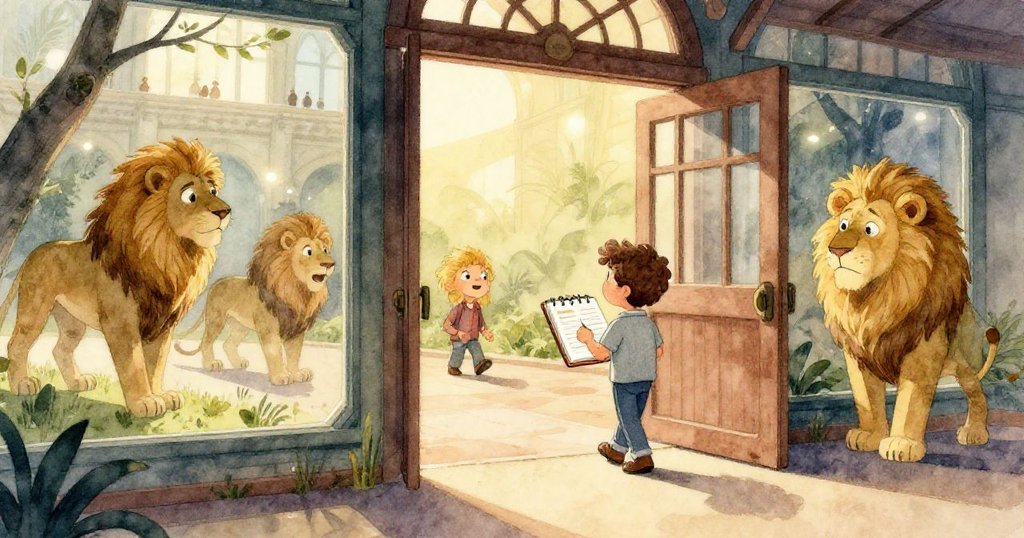 米洛透過視角觀察草原動物模型，手握鉛筆描繪長頸鹿動作，畫面充滿室內午後光線和奇幻感。