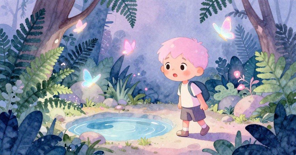 米洛闖入秘密園地，濕潤空氣中青蕨垂瀉，一群霓虹蝴蝶飛舞，他充滿好奇欣賞這奇幻景色。