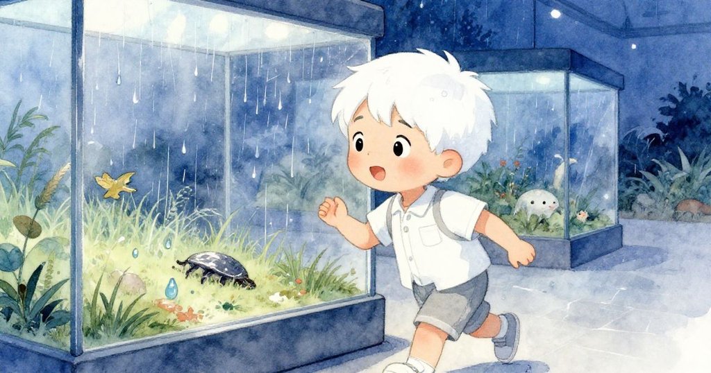 米洛重返展廳時欣然微笑，薄霧中細雨灑落玻璃箱內草地，燈光散發冷藍光澤，氛圍溫馨。