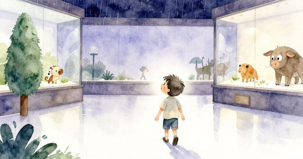 米洛回眸望向展廳延續的草原景觀，細雨輕灑，漫步離開，神情中流露出回憶與期待的情愫。