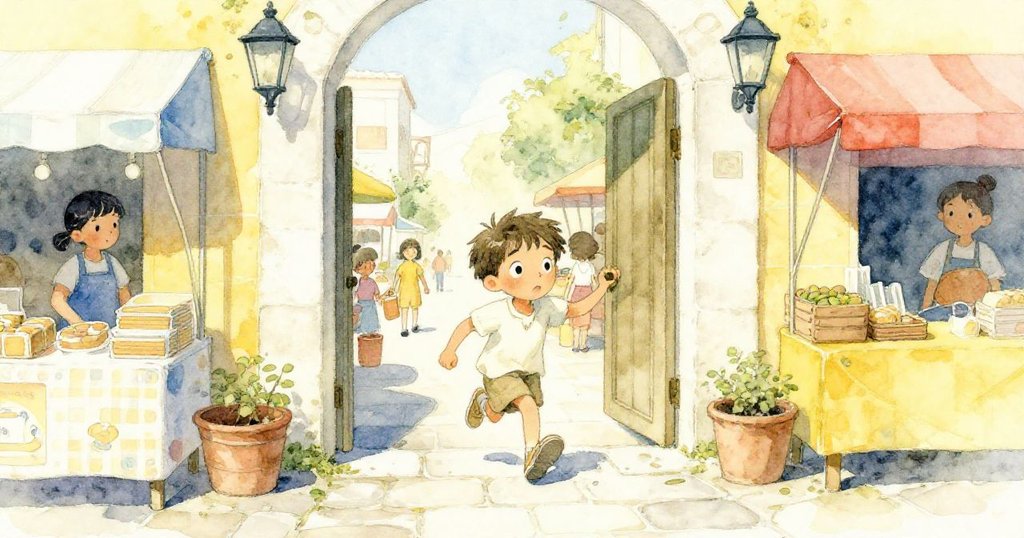 Elias 穿著輕便服裝興奮地進入熱鬧市集入口，陽光普照，環境充滿溫暖氣息與忙碌人群。