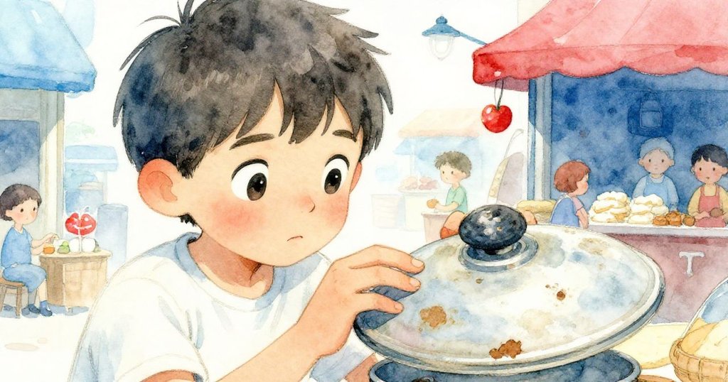 Elias 臉部特寫表情專注，手持破舊蓋子比對尺寸，背景市集攤位映出細節與溫暖陽光。