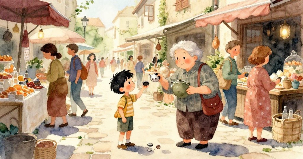 陽光下的市場攤位，攤販舉起藤籃展露斑駁漆面，透視感如透過窗戶觀看市集細節與生動故事。