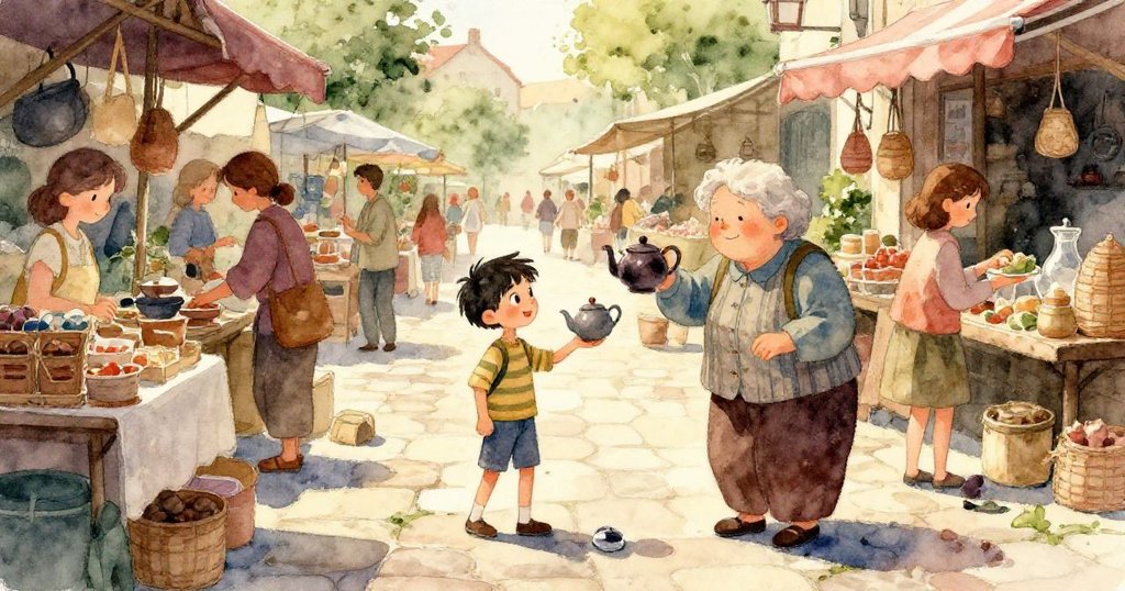 在市場一角，破損瓷釉茶壺與流浪蓋子分別呈現雙重場景，經神奇瞬間溫馨重逢，展現命運安排與細膩情感。