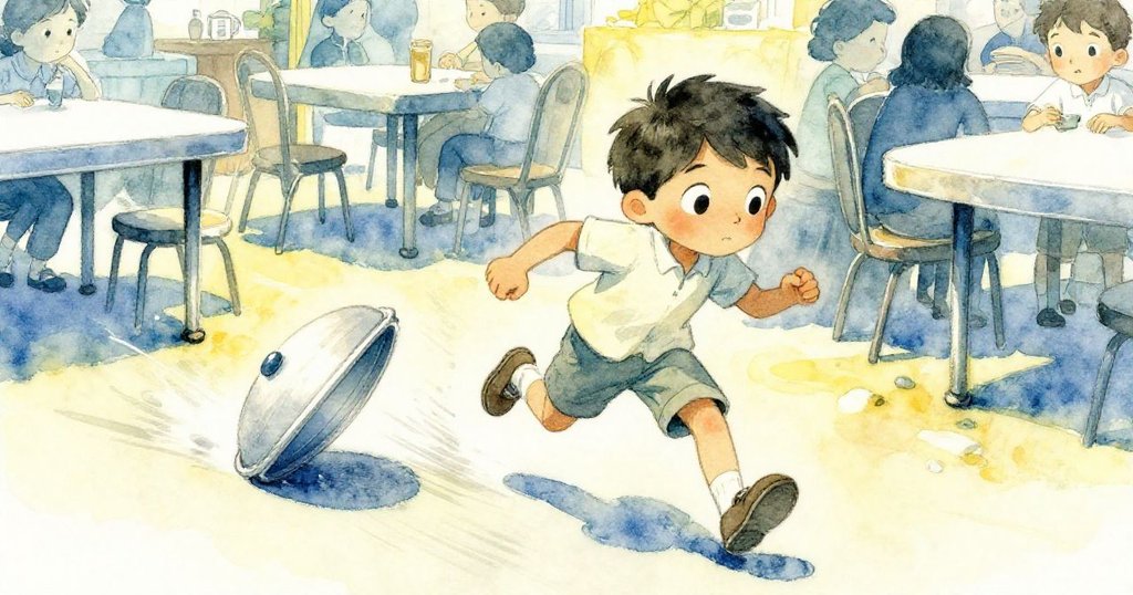 Elias急忙追逐滾動於桌腿間的蓋子，市場中人群互動背景熱鬧，動感與緊張情緒並存。