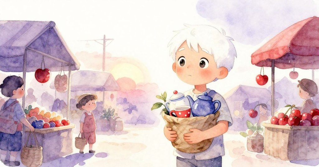 Elias懷抱重新團聚的茶壺與杯子離開市場，夕陽下市集樂章悠揚，溫馨氛圍象徵家庭重聚與記憶傳承。