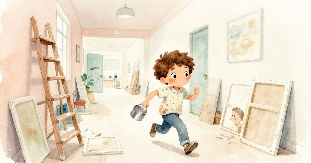 米洛匆忙穿越充滿學生與藝術風采的走廊，他手持金屬罐，臉上流露出既緊張又期待的表情，開始他的冒險。