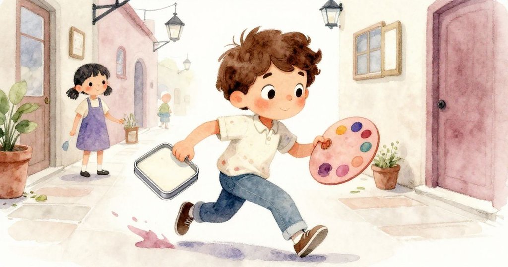 米洛在擁擠走廊中小心穿梭，避開散落的顏料，專注保護罐中物品，展現了他緊張與認真的神情。