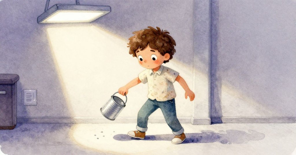 米洛步入狹窄樓梯間，燈光忽明忽暗，他小心翼翼走過厚重陰影中，展現出驚險與專注的情緒。