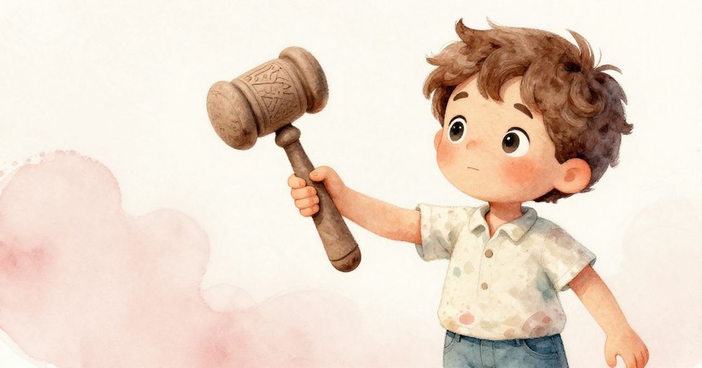 米洛蹲下撿起微小陶槌，細看其精緻雕紋，臉上充滿驚奇與好奇，展現轉折的一刻。