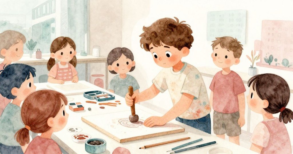 米洛在印刷攤位上用陶槌刻印油布，吸引眾人圍觀交流，展現創意滿滿與溫馨歡樂的氛圍，故事達到高潮。