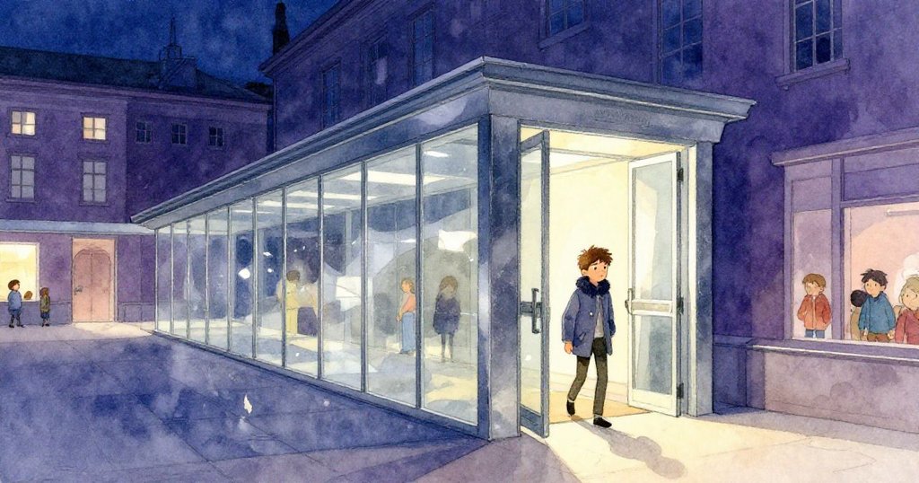 Gabriel 穿越光影玻璃門廊，踏入神秘庭院，臉上充滿期待與微妙緊張