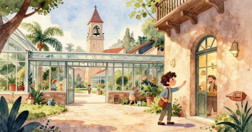 Gabriel 在霧氣瀰漫的大廳前驚奇地擦拭眼鏡，彩繪玻璃透出神秘柔光