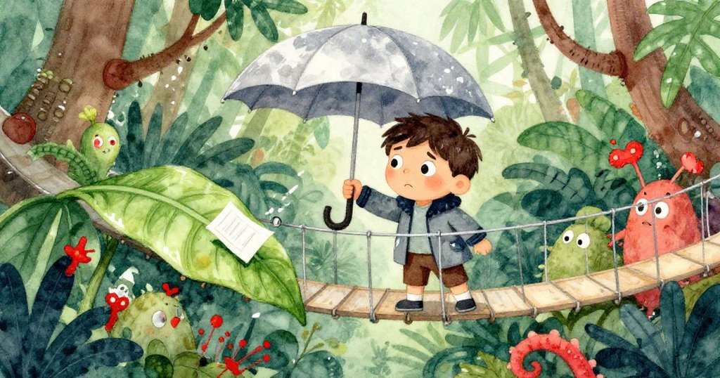 Gabriel 站在懸空步橋上，小心用雨傘觸碰綠色巨葉，試圖釋放筆記本，神情堅定