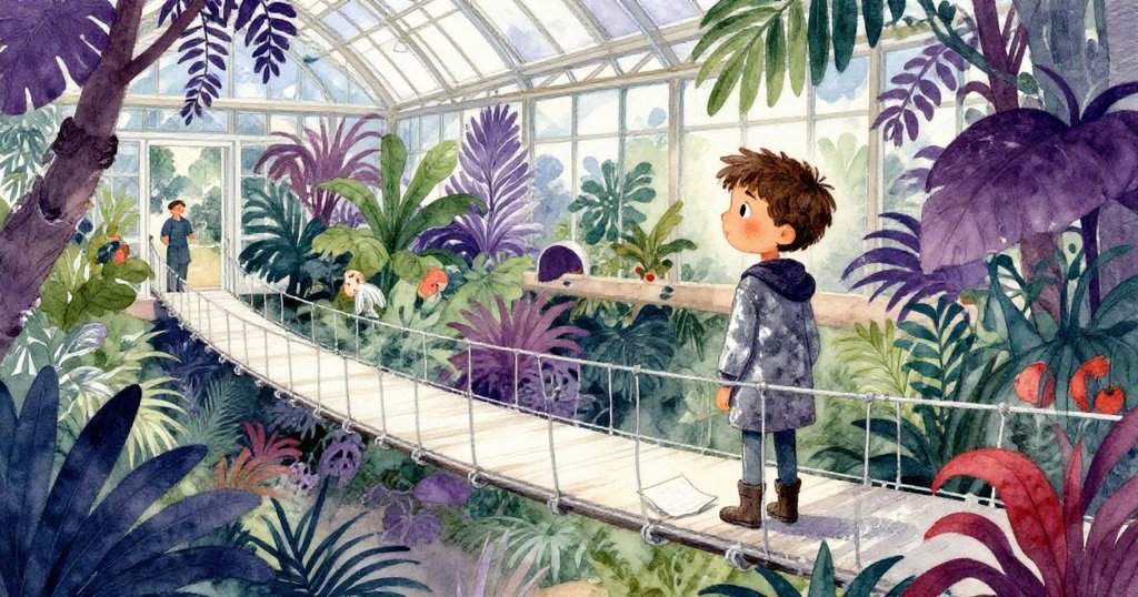 Gabriel 在宏偉熱帶溫室中留戀回望，筆記本穩靠近足邊，植物與園丁交織出平靜結局