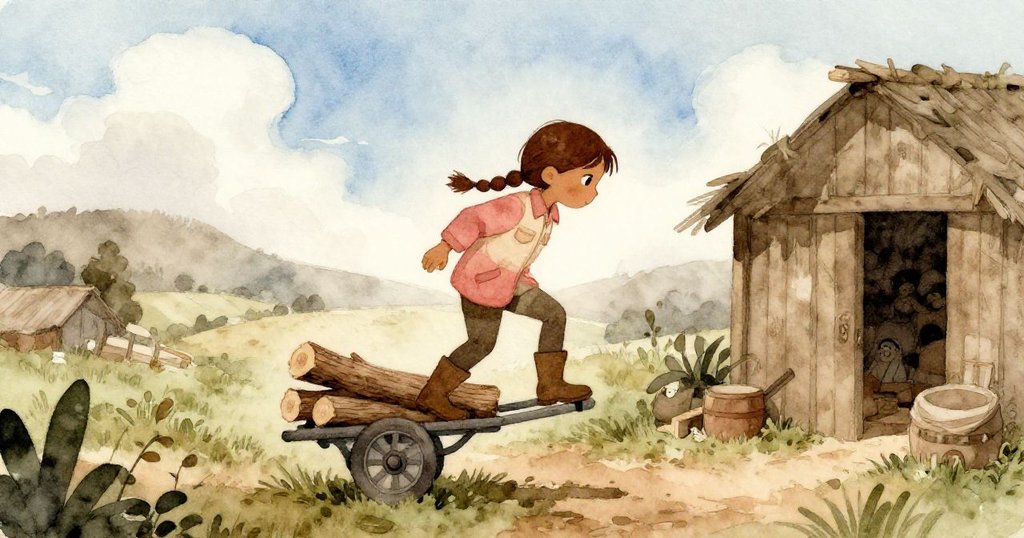 瑪拉在鄉村小屋外推著手推車，堆放木柴，低垂的雲彩襯托山谷，表情堅定，展現故事開始的情景