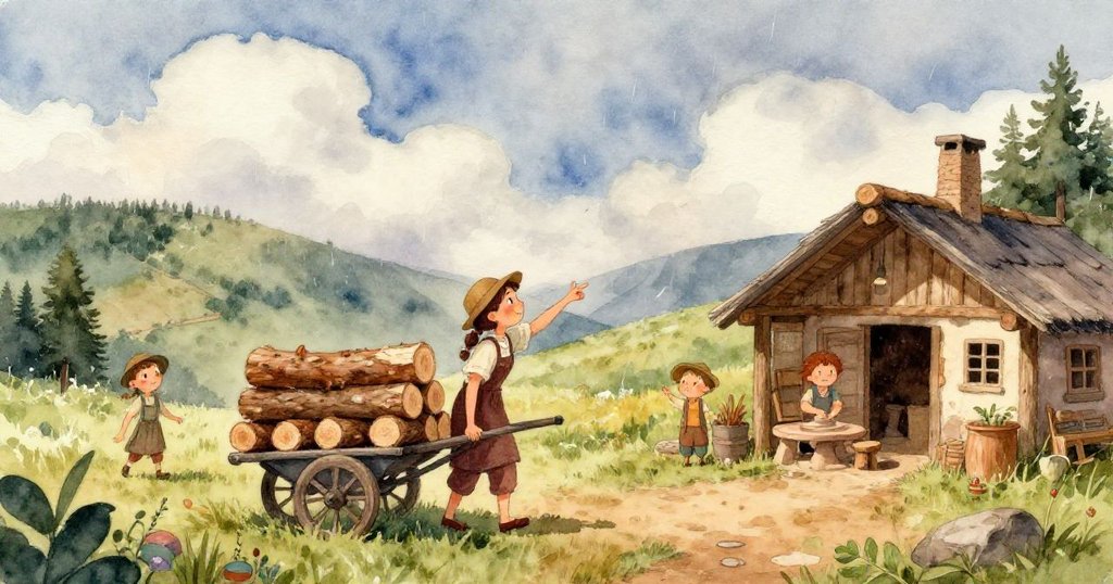 瑪拉專注地握著繩子，手旁清晰可見風化木柴的紋理，展現努力工作的溫暖細節