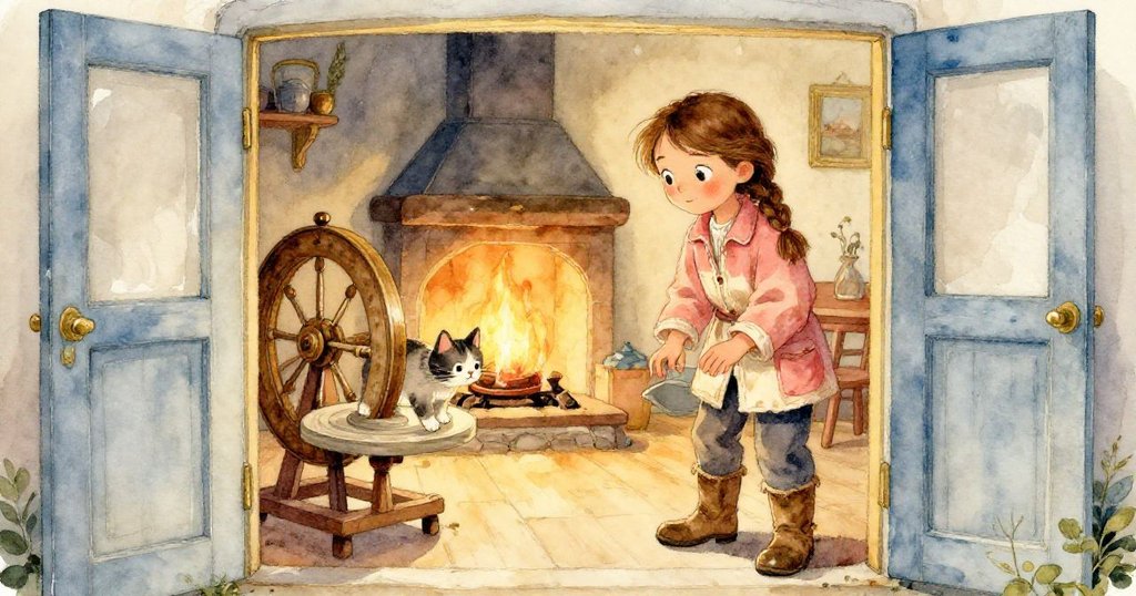 瑪拉輕推小屋門扉，溫暖石壁爐火透光，陶工貓悠然轉動，故事情境逐步展開