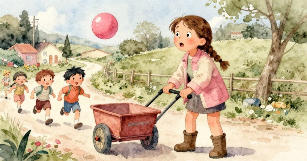 瑪拉驚訝暫停行程，見孩童追逐橡膠球奔跑，手推車微偏，呈現農村生活生動互動