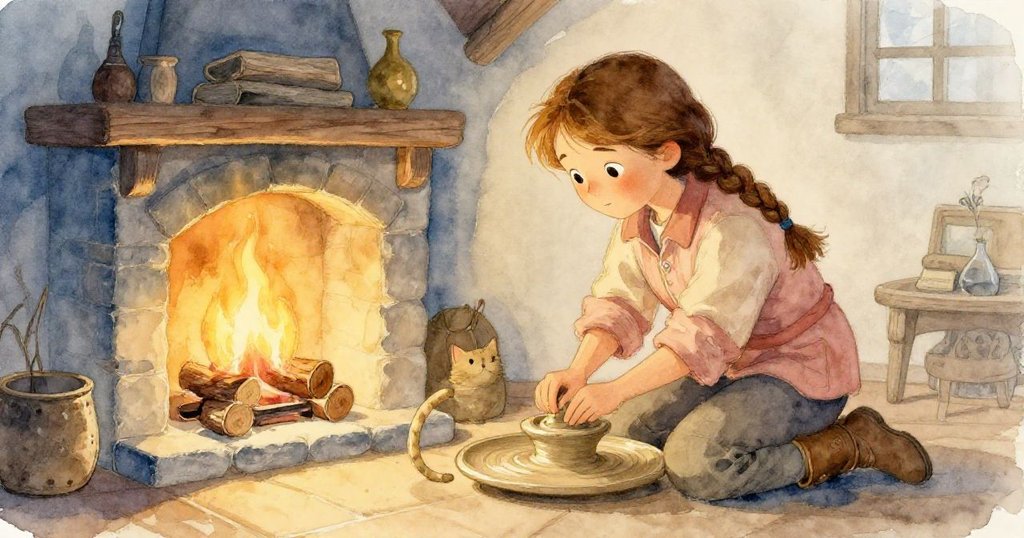 瑪拉在火光映照的溫馨小屋內疊放木柴，陶工貓繞裙輕轉，表情滿足，呈現故事寧靜結尾