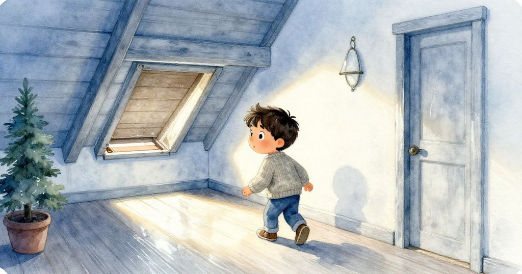 Mateo走向閣樓門口，柔和日光映在走廊牆上，他面露堅定，內心充滿期待與反思。