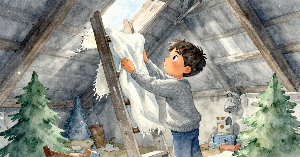 Mateo在昏暗閣樓中忙碌，移開舊毯子展開窄梯，塵埃中光線斑駁，充滿轉折與探索的情緒。