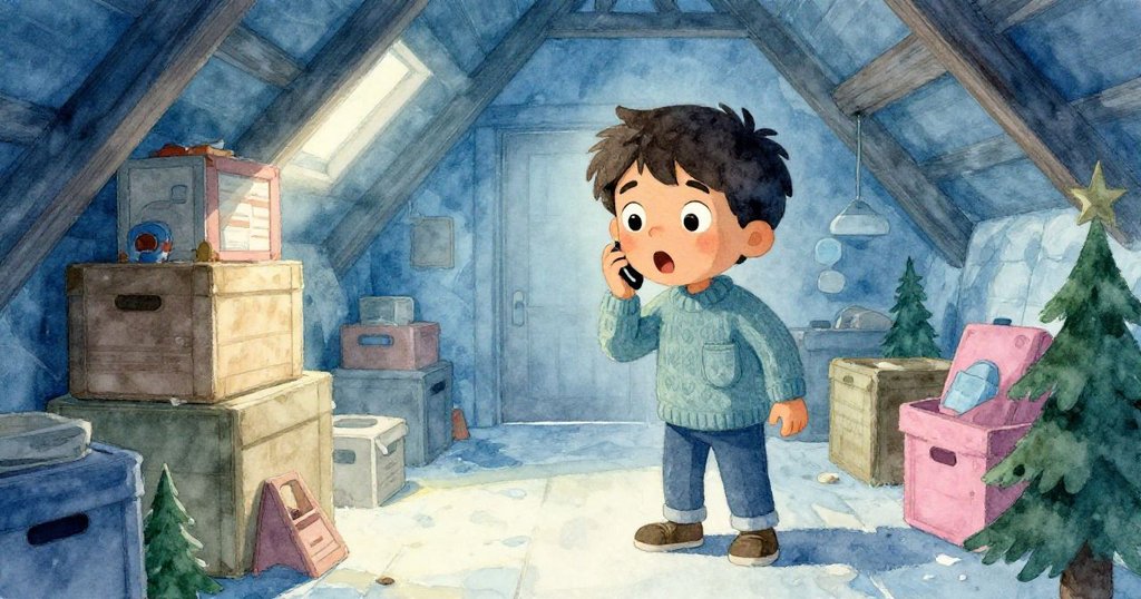 Mateo面露驚訝，手忙腳亂將手機收入口袋，背景中堆疊的箱子與暗影烘托緊張櫛風。