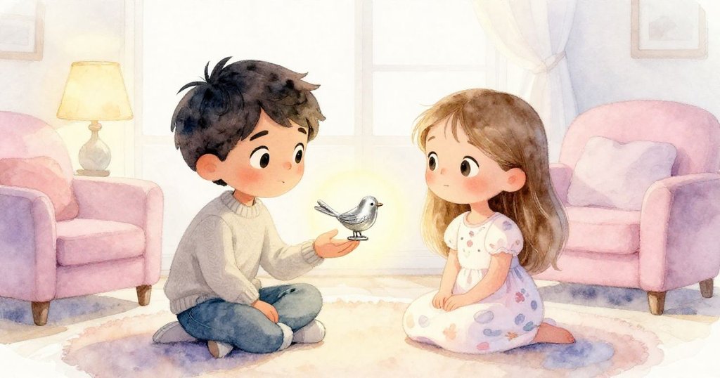 Mateo與Nora在溫馨客廳相遇，Nora輕握修復後的銀色小鳥飾品，柔和燈光映出他們滿懷喜悅的神情。