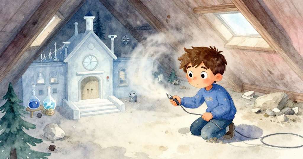 米羅蹲在老舊閣樓中,灰塵飛揚,他正搬著延長電纜,背景描繪科學大樓與生鏽架子,表情堅定。