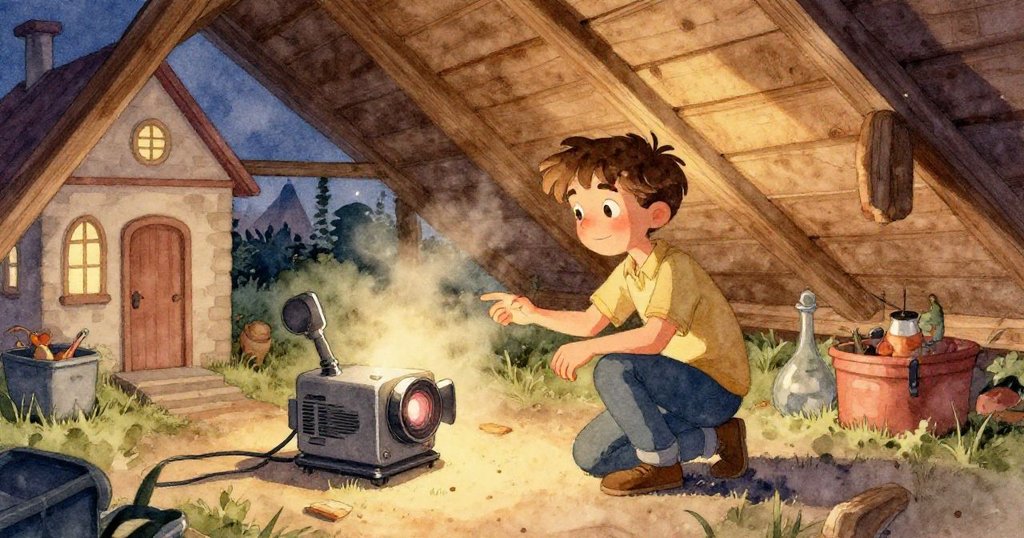 米羅細心拆卸放映機燈泡,鏡頭特寫他沾滿灰塵的手和老舊電線,充滿專注與緊張情緒。