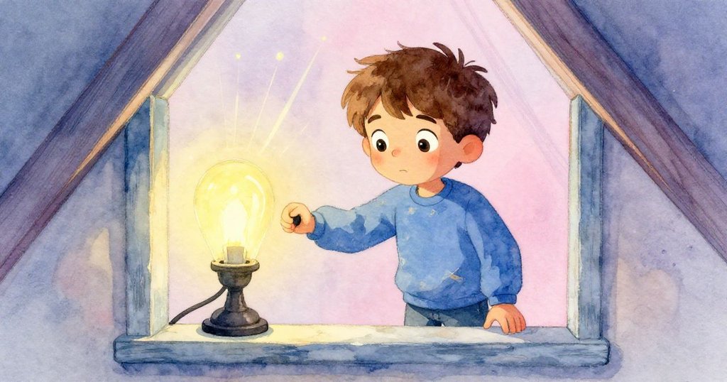 米羅檢查電路板時不慎觸動隱藏盒子,小燈忽然點亮,透過小窗灑下溫柔光芒,臉上露出驚喜。