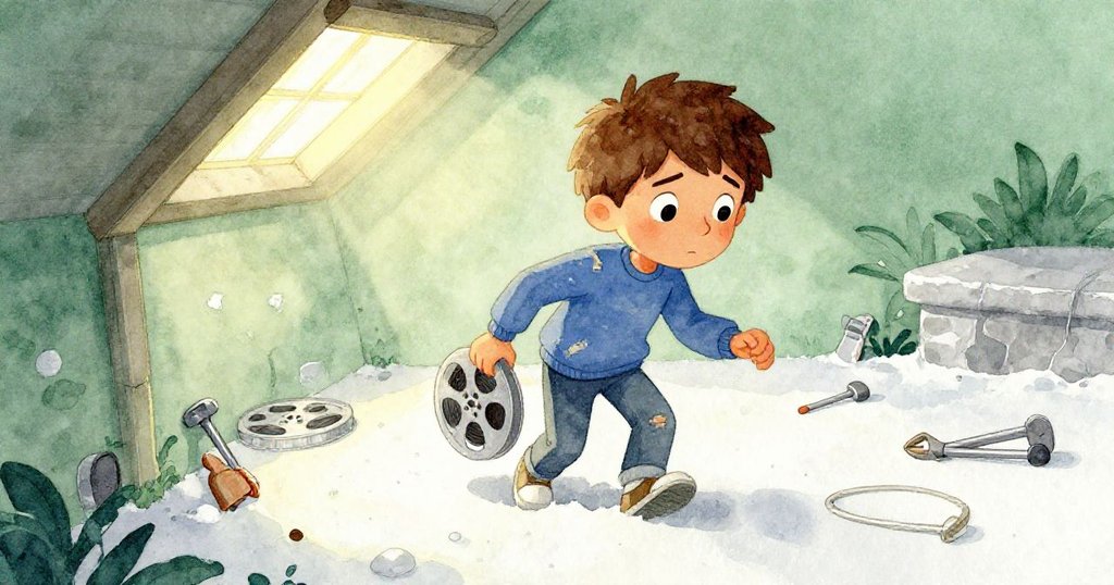 米羅收拾工具走出閣樓,步入庭院,從窗戶射出溫暖光線照亮懸掛的放映捲軸,充滿期待。