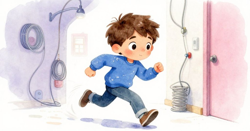 米羅興奮奔跑於走廊,手中緊握整齊線纜與工具,動感十足,臉上充滿活力與期待。