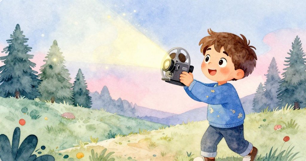 米羅在庭院中設置老舊放映機,成功啟動捲軸並展現魔幻光芒,臉上流露滿足與期待,寓意續章冒險。