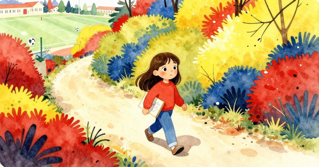 米拉走在蜿蜒小徑上，遠處可見學校操場和綠籬，陽光灑落，場景展現活力與期待。