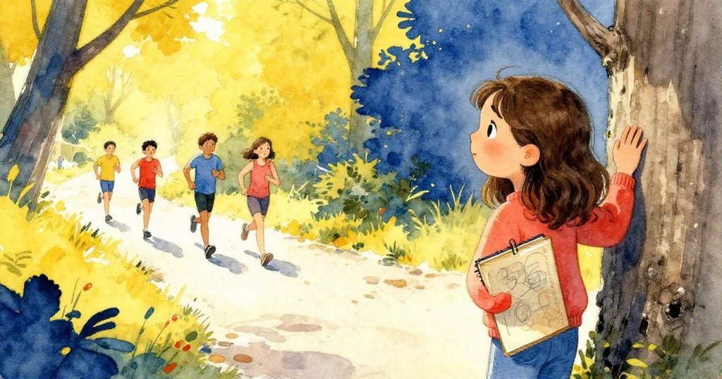 米拉從背後望向跑步者，手搭在樹皮粗糙的楓樹上，樹影和柔和光線中透露平靜與活力。